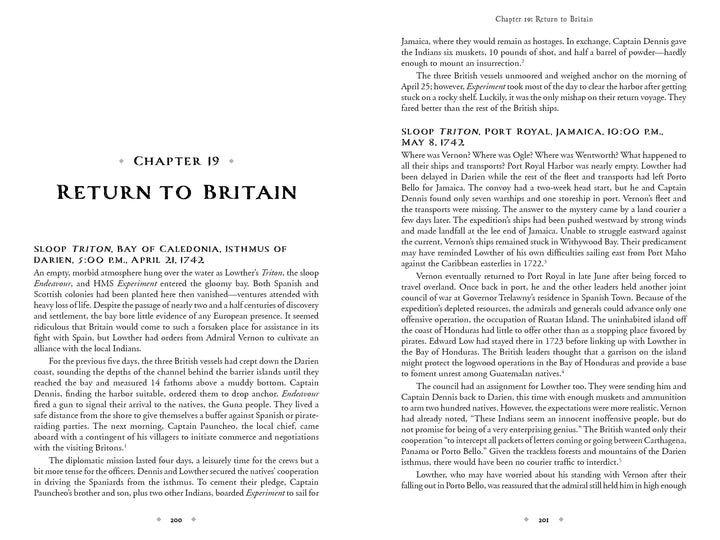 Two pages from The Resurrected Pirate by Schiffer Publishing, Ltd. recount a 1742 voyage from Darien to Port Royal, Jamaica, vividly capturing the golden age of piracy with detailed accounts of milestones along the journey.