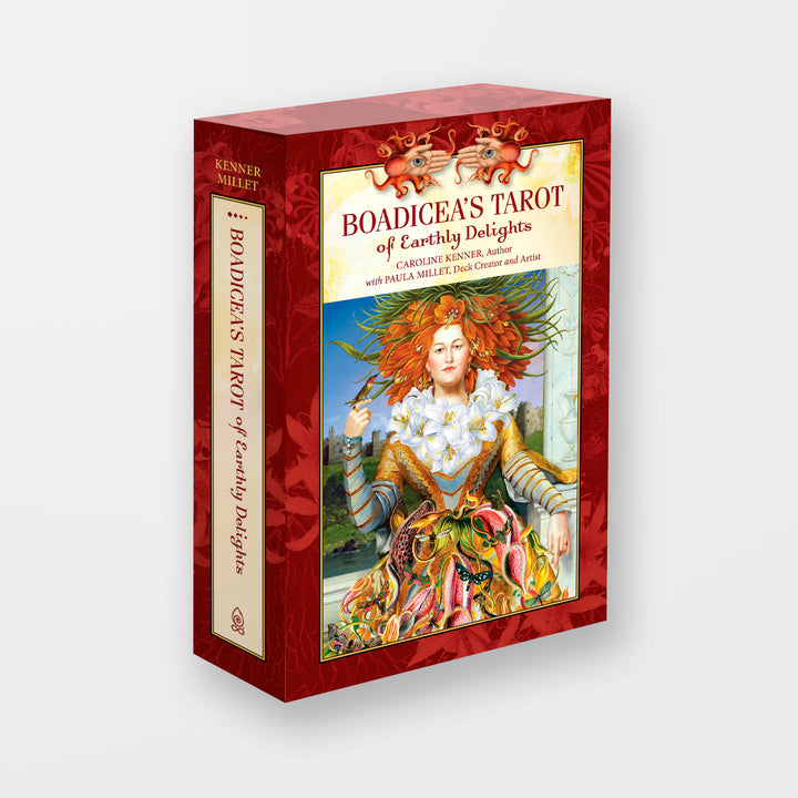 A red box for Boadicea's Tarot of Earthly Delights by Schiffer Publishing, Ltd. shows a red-haired woman with white flowers amid intricate art. The product name and publisher appear on the front and spine.