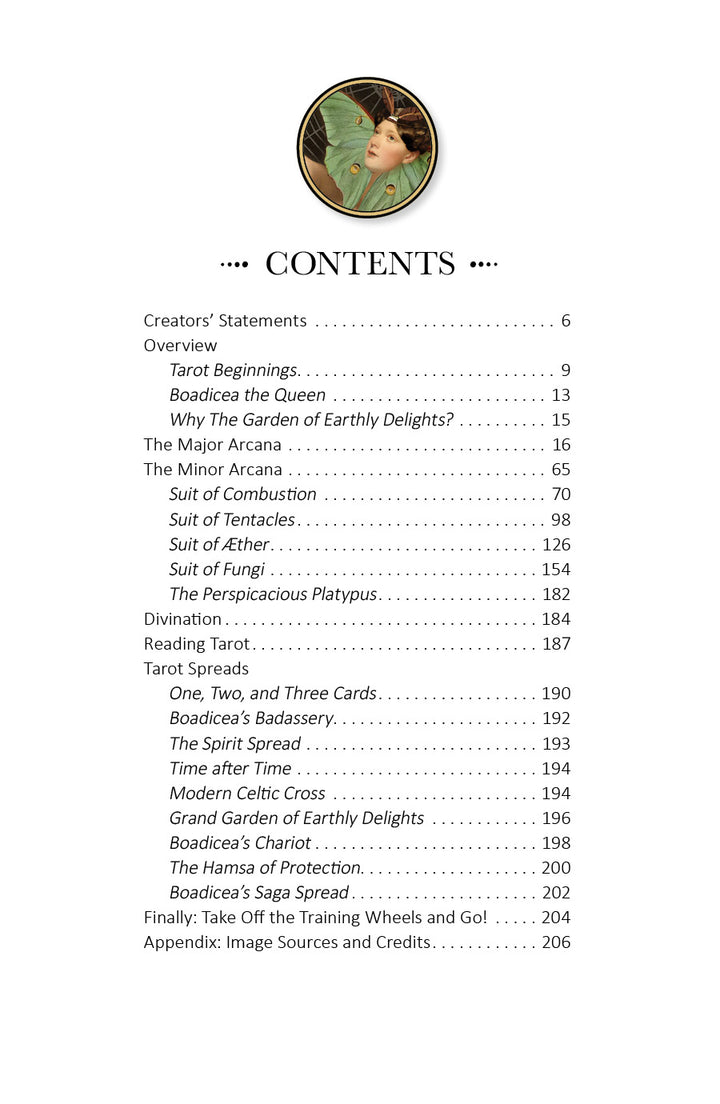 A table of contents page for Boadicea’s Tarot of Earthly Delights by Schiffer Publishing, Ltd., with an illustration of a woman among plants evoking fine art tarot. Sections cover tarot, animals, and fungi, with titles and page numbers.