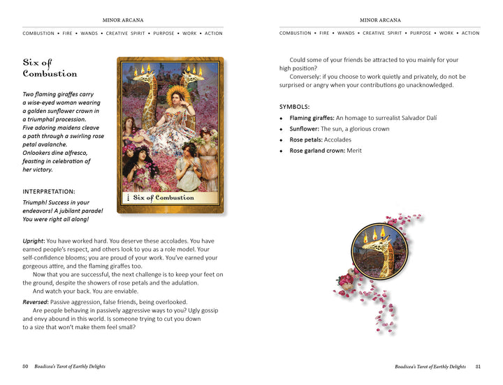 Boadicea's Tarot of Earthly Delights by Schiffer Publishing, Ltd. features the Six of Combustion card: left page shows a festive celebration; right page lists meanings, symbols, and keywords with a flaming artichoke illustration.