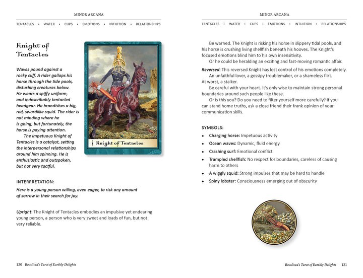 A two-page spread from Boadicea's Tarot of Earthly Delights by Schiffer Publishing, Ltd. showcases the Knight of Pentacles card with imagery, descriptions, keywords, symbolic meanings, and interpretive guidance.