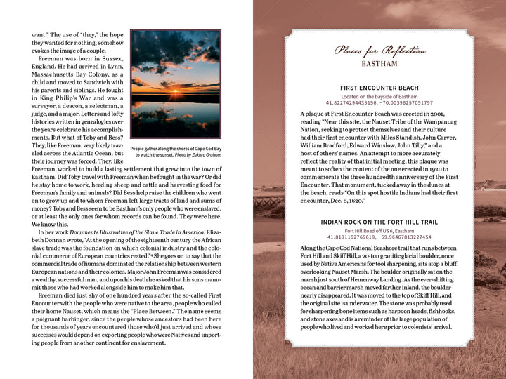 A two-page spread in "For the Unremembered" (Schiffer Publishing, Ltd.) spotlights a sunset at First Encounter Beach and highlights Eastham sites for reflection, including those linked to enslaved people's history and First Encounter Beach.