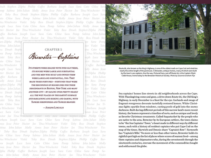 A two-page spread from For the Unremembered by Schiffer Publishing, Ltd.: the left page shows a decorative "Brewster—Captains" chapter title with a quote on sea captains; the right features a historic Brewster home and Cape Cod’s maritime and slavery history.