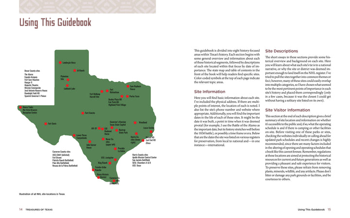 A map of Texas shaded green with red dots highlights sites. On the right, text guides users on Schiffer Publishing, Ltd.’s Treasures of Texas, offering info, descriptions, and visitor tips for National Historic Landmarks in Texas.