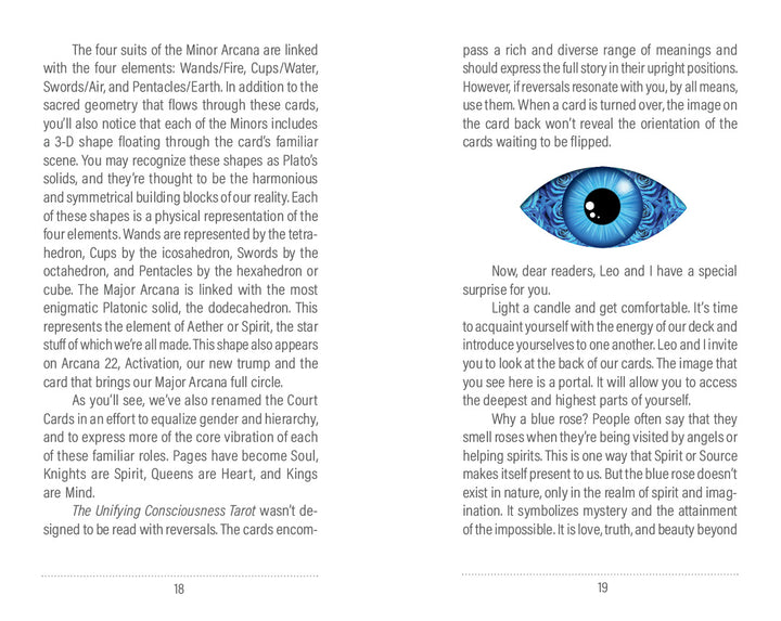 A spread from The Unifying Consciousness Tarot by Schiffer Publishing, Ltd. explores the four Minor Arcana suits and their elements, with a blue eye holding a tarot card at the center of the right page and text flowing around the image.