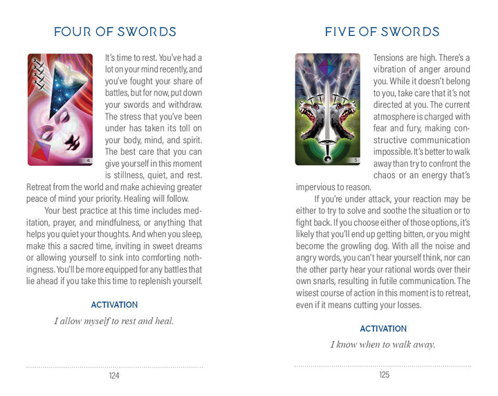 A two-page spread from The Unifying Consciousness Tarot by Schiffer Publishing, Ltd.: the left page explores Four of Swords with guidance on rest and cosmic art; the right addresses Five of Swords’ tension, paired with a striking sword illustration.