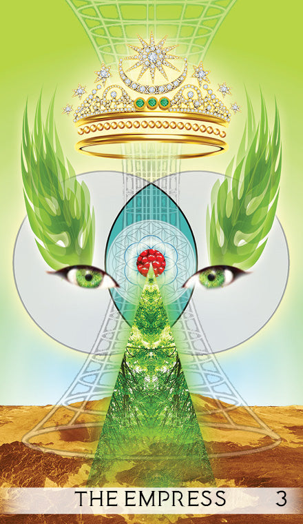 The Empress card from The Unifying Consciousness Tarot by Schiffer Publishing, Ltd. displays a crown, green eyes with leafy wings, geometric patterns, and an upward triangle of greenery on a radiant green background.