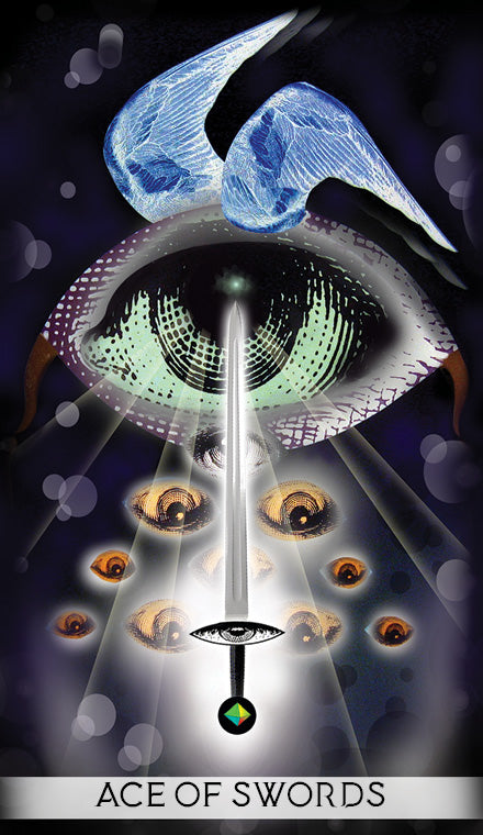 The Unifying Consciousness Tarot from Schiffer Publishing, Ltd. features a surreal “Ace of Swords” card: a glowing sword with a crystal hilt emerges from a radiant eye, blue wings hover above, and many eyes gaze below.