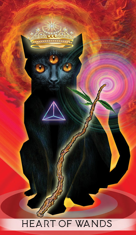 A mystical three-eyed black cat wearing a jeweled crown sits upright with swirling energy, a glowing wand, and a purple triangle on its chest. Inspired by The Unifying Consciousness Tarot from Schiffer Publishing, Ltd., "Heart of Wands" blazes behind.
