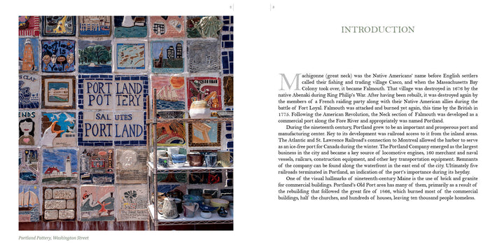 A wall adorned with vibrant handmade ceramic tiles and pottery pieces beside shelves. On the right, Schiffer Publishing, Ltd.'s "Portland, Maine" features tourist attractions and Casco Bay photography on its INTRODUCTION page.