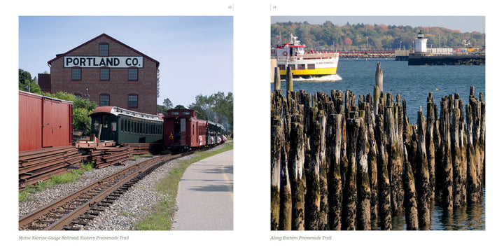 On the left, vintage train cars by a brick building labeled “Portland Co.” On the right, weathered pilings, a ferry, and a lighthouse—a classic scene from Portland, Maine by Schiffer Publishing, Ltd.