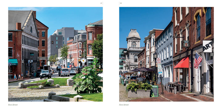 Side-by-side photos of lively Fore Street with red brick buildings, shops, and outdoor seating on a sunny day—ideal for the "Portland, Maine" photo book by Schiffer Publishing, Ltd. or showcasing top Portland tourist attractions.