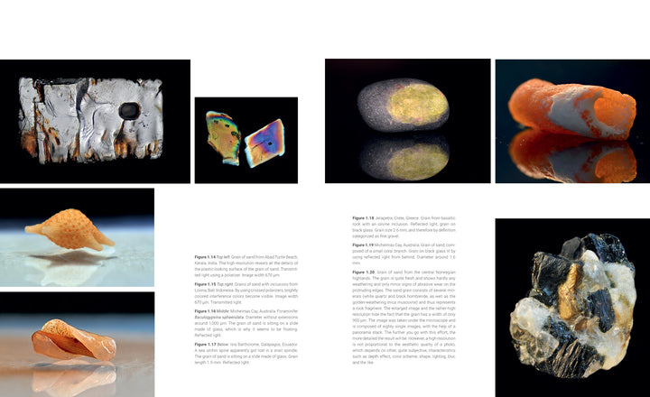 Sand Up Close by Schiffer Publishing, Ltd. features high-res photos of diverse rocks, minerals, shells, and sand grains in various colors and textures on black and white backgrounds, each with descriptive captions and informative text.