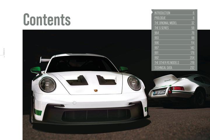 A white Porsche RS from Schiffer Publishing, Ltd. is parked facing forward in the foreground, with another classic Porsche RS visible from the rear behind it. A table of contents appears on the right side of the image.