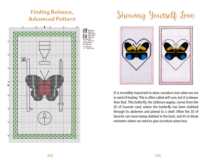 Two pages from "The Butterfly Wisdom Tarot" by Schiffer Publishing, Ltd.: the left displays a detailed, advanced butterfly cross-stitch pattern titled "Finding Balance," while the right showcases two finished Butterfly Tarot heart designs with descriptions.