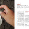 A hand displays an open silver Folding Knife above a brown jacket. Pictured next to a book chapter titled "With One Hand: Opening Mechanisms," this guide is from Schiffer Publishing, Ltd.