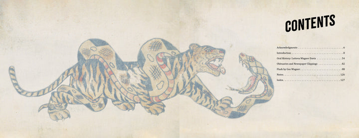 A vintage-style tiger and snake with bold tattoo designs inspired by Maud Stevens Wagner appear next to a slanted Contents list, set on a textured background, for Schiffer Publishing, Ltd.’s "Maud Stevens Wagner.
