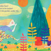 A girl with long orange hair in checkered pants runs barefoot through a vibrant garden, inspired by Schiffer Publishing, Ltd.'s children’s book. Frisky Face the Naughty Cat naps under a blue tree as an orange sun shines above colorful trees.