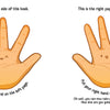 In "My Left and Right Book" by Schiffer Publishing, Ltd., two cartoon hands with faces—left saying “HEY!” and right saying “HI THERE!”—help kids learn left and right as they match each hand to the correct page side.