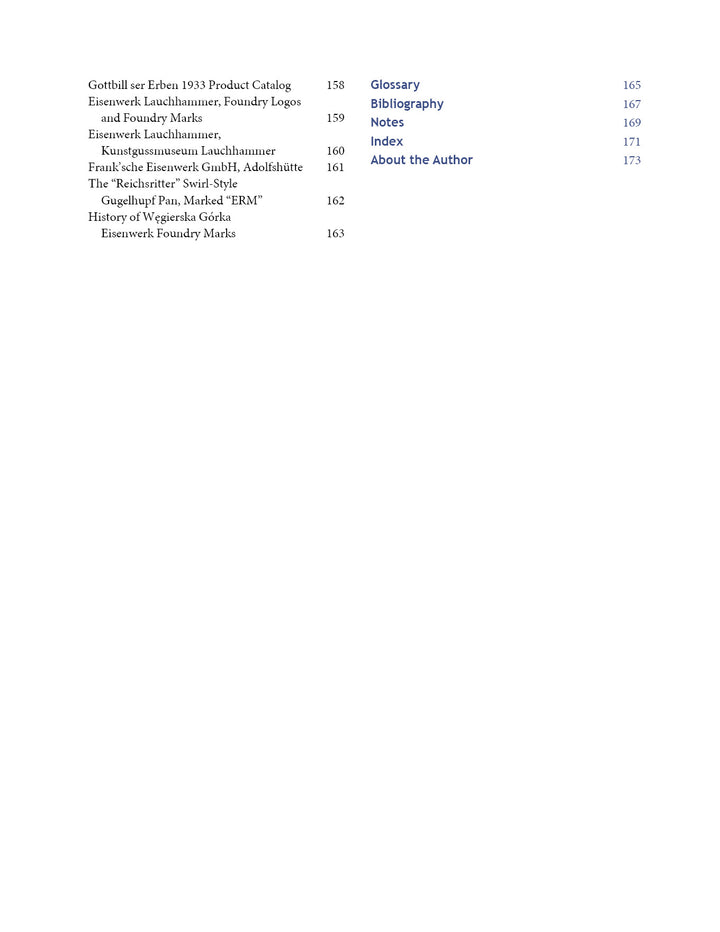 The table of contents in "Collectible Cast Iron" by Schiffer Publishing, Ltd. lists Glossary (165), Bibliography (167), Notes (169), Index (171), and About the Author (173); collectible pans and foundry marks are shown in purple font.