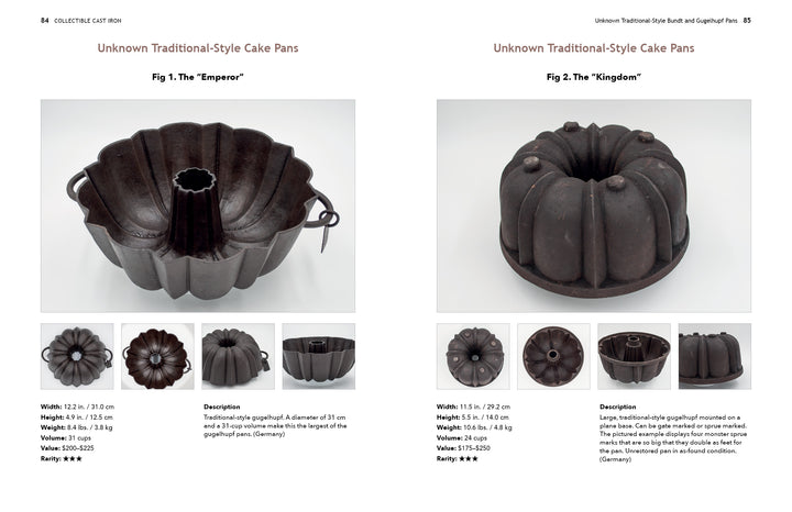 Two pages showcase Collectible Cast Iron by Schiffer Publishing, Ltd.: Left—The Emperor, a fluted pan with handles; Right—The Kingdom, a round Bundt-style pan. Dimensions and foundry marks are described for each.