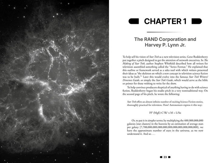 A book spread from Inspired Enterprise by Schiffer Publishing, Ltd. features CHAPTER 1: The RAND Corporation and Harvey P. Lynn Jr.; a vivid nebula image appears left, with discussion of science fiction, NASA, and the universe’s scale on the right.