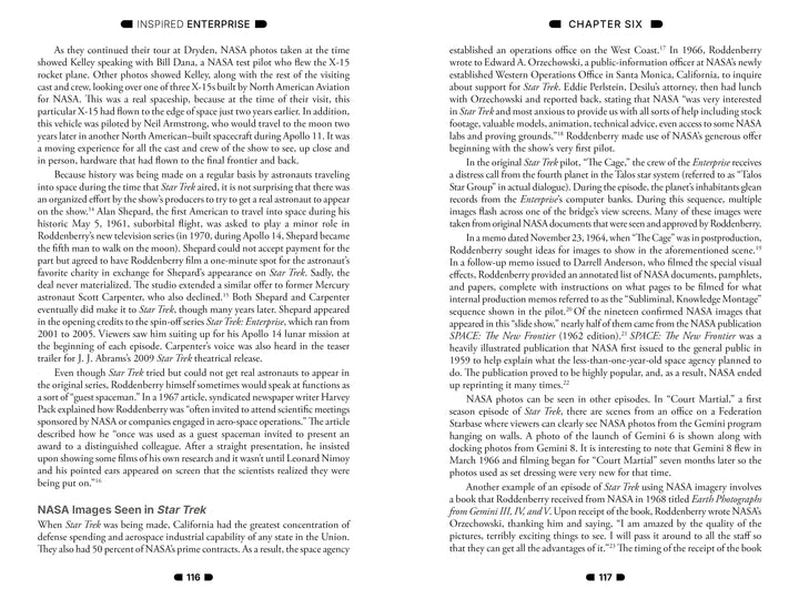 A two-page book spread from "Inspired Enterprise" by Schiffer Publishing, Ltd. shows dense text with chapter and section headings. The left page, page 116, features a sidebar titled "NASA Images Seen in Star Trek." Pages 116–117 are visible.