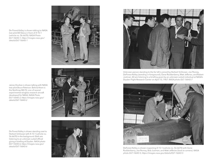 Four black-and-white photos from "Inspired Enterprise" by Schiffer Publishing, Ltd. show NASA staff in the 1960s—including Dr. Forest Kelley and James Douhan—discussing and inspecting planes at NASA’s Dryden Flight Research Center.