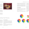 A two-page spread in "Starting Your Floral Design Studio" by Schiffer Publishing, Ltd. covers eco-friendly flower arranging and color harmony, featuring labeled arrangement photos, diagrams, and tips on the rule of thirds and color use.