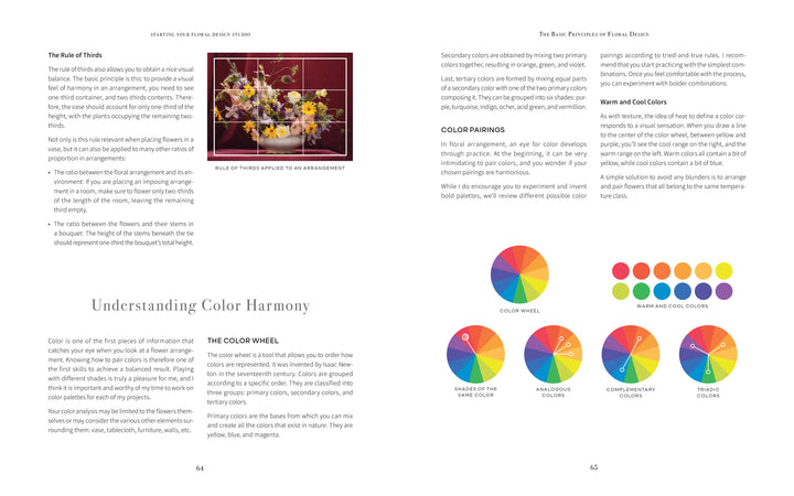 A two-page spread in "Starting Your Floral Design Studio" by Schiffer Publishing, Ltd. covers eco-friendly flower arranging and color harmony, featuring labeled arrangement photos, diagrams, and tips on the rule of thirds and color use.
