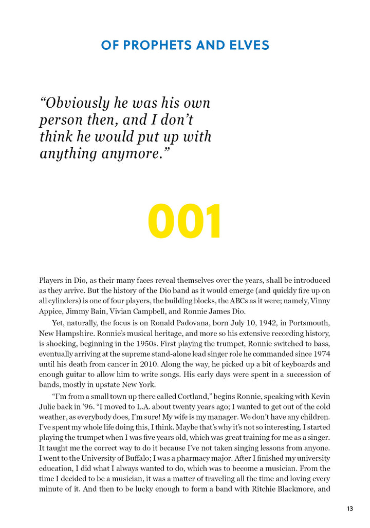 A page from DIO: The Unholy Scriptures by Schiffer Publishing, Ltd. features the headline OF PROPHETS AND ELVES, a quote about Ronnie James Dio’s early band, and a large yellow 001 above text on the Holy Diver era.