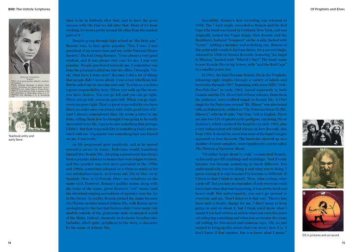 A blue rectangular object featuring “DIO: The Unholy Scriptures” by Schiffer Publishing, Ltd., with text referencing the Dio band’s iconic Holy Diver album.