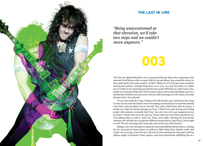 A magazine spread for Schiffer Publishing, Ltd.’s "DIO: The Unholy Scriptures" features a quote on elevation, story 003, and a vibrant, multi-layered image of the guitarist in green and pink, with text about the "Holy Diver" album on the right.