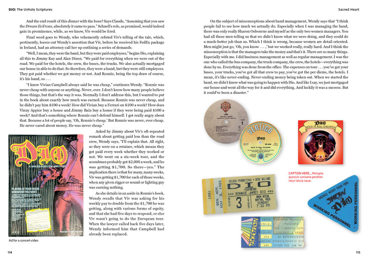 A two-page spread from Schiffer Publishing, Ltd.’s DIO: The Unholy Scriptures showcases text blocks, vintage concert tickets, record labels, band patch, Holy Diver and Sacred Heart art, plus a Murray demon illustration on red.