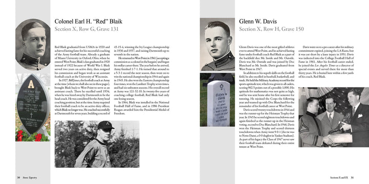 Two black-and-white pages from Stone Tapestry by Schiffer Publishing, Ltd. highlight Colonel Earl H. “Red” Blaik and Glenn W. Davis with text, historic photos, their West Point gravestones, and uniformed portraits.
