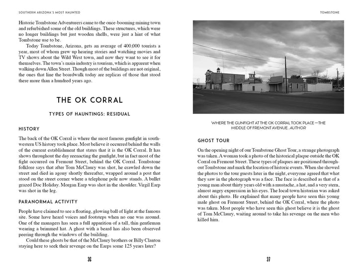 A two-page spread from "Southern Arizona's Most Haunted" by Schiffer Publishing, Ltd. covers the OK Corral in Tombstone, featuring its history, ghost lore, paranormal activity, and a photo of the empty corral.