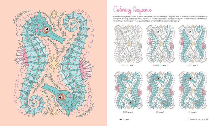 On the left, By the Seaside Coastal Coloring Book by Schiffer Publishing, Ltd. shows two pastel seahorses with coral and shells; on the right, a 7-step marine coloring guide reveals how each layer brings these seahorses to life.