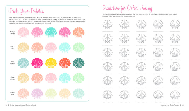 Two pages from the By the Seaside Coastal Coloring Book by Schiffer Publishing, Ltd. show pastel and vibrant shell palettes labeled with names like Mango Tango on the left and grid-arranged shell outlines for swatch testing on the right.