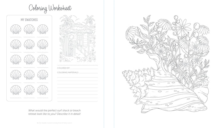 The By the Seaside Coastal Coloring Book by Schiffer Publishing, Ltd. features black-and-white pages with shell swatches, a surf shack sketch, and floral seashell designs to color and inspire your ideal beach retreat.