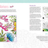 The Funky Florals Art Coloring Book by Schiffer Publishing, Ltd. features a page with vibrant flower designs and "Be kind" lettering, colored with alcohol markers, plus step-by-step blending guides for floral patterns and lettering.