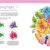 A vibrant illustration of large flowers and butterflies with coloring tips on the left, sample images, and pink top border—ideal for adult coloring. From Schiffer Publishing, Ltd.'s Funky Florals Art Coloring Book featuring decorative floral patterns.
