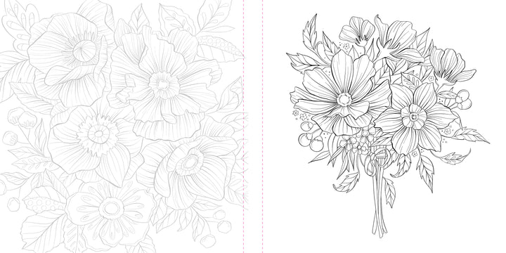 A detailed black-and-white floral illustration from Schiffer Publishing, Ltd.'s Funky Florals Art Coloring Book features various flowers, berries, and leaves—a bouquet appears on the right and a faded floral close-up fills the left background.