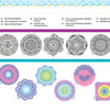 The table of contents from "A Bright & Beautiful Guide to Drawing Mandalas" (Schiffer Publishing, Ltd.) features black and white mandalas on top, colored ones below, a blue-yellow border, and lists sections, page numbers, and mandala drawing tips.