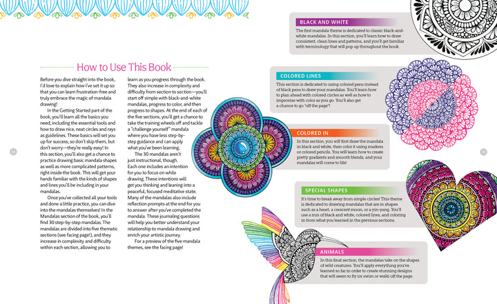 The spread from "A Bright & Beautiful Guide to Drawing Mandalas" by Schiffer Publishing, Ltd. shows how to use the book, with text boxes on sections like black & white, colored lines, special shapes, and animals beside vibrant mandalas and animal art.