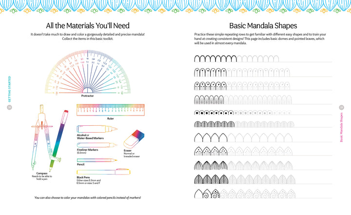 A Bright & Beautiful Guide to Drawing Mandalas by Schiffer Publishing, Ltd. shows drawing tools on the left and black ink mandala designs on the right, organized by complexity—ideal for learning mandalas step by step.