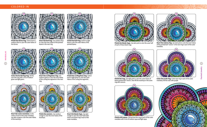 A Bright & Beautiful Guide to Drawing Mandalas by Schiffer Publishing, Ltd. offers a step-by-step coloring guide, showing each stage from black-and-white outlines to fully colored blue, green, orange, and purple mandala designs—ideal for learning mandala art.