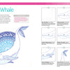 Schiffer Publishing, Ltd.'s "A Bright & Beautiful Guide to Drawing Mandalas" offers a step-by-step grid guide to create a stylized whale with blue mandala designs, showing progress images and instructions for mandala drawing enthusiasts.