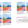 A step-by-step tutorial from Schiffer Publishing, Ltd.’s Creative Sketchbook Magic shows how to paint a vibrant landscape with mountains, trees, and a winding path. Each beginner-friendly step adds color and texture, with a Creativity Tip featured in the center.