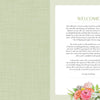 The left page has a light green texture, while the right welcomes you in elegant font, with a floral illustration and inviting text describing MindfulMoments Word Search by Schiffer Publishing, Ltd. as a relaxing, mindful escape with friendly puzzles.