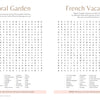 The MindfulMoments Word Search by Schiffer Publishing, Ltd. features two relaxing puzzles: Floral Garden with flower names and French Vacation with French destinations—perfect for a mindful escape at any age.